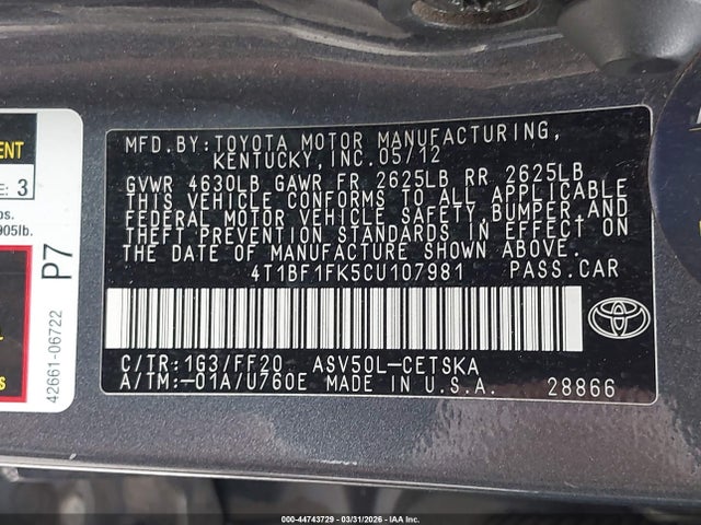 Auction sale of the 2012 Toyota Camry Se, vin: 4T1BF1FK5CU107981, lot number: 44743729