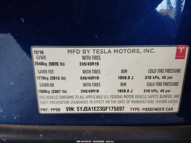2016 Tesla Model S 60d/70d/75d/85d/90d მანქანა იყიდება აუქციონზე, vin: 5YJSA1E23GF175697, აუქციონის ნომერი: 44743730