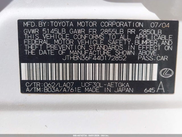 Auction sale of the 2004 Lexus Ls 430, vin: JTHBN36F440172852, lot number: 44743734