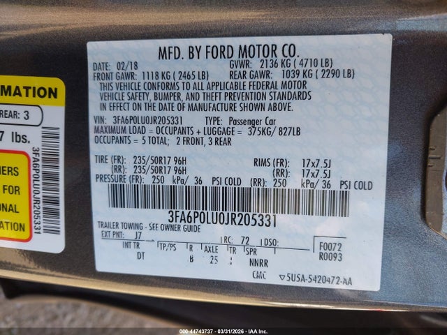 Aukcja sprzedaży 2018 Ford Fusion Hybrid Se, vin: 3FA6P0LU0JR205331, numer aukcji: 44743737