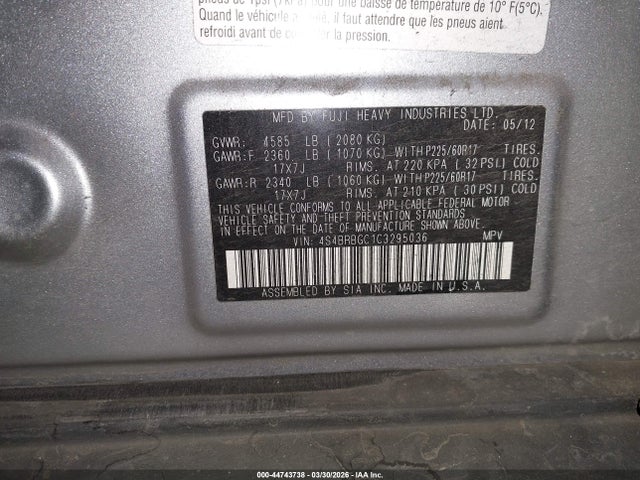 Продаж на аукціоні авто 2012 Subaru Outback 2.5i Premium, vin: 4S4BRBGC1C3295036, номер лоту: 44743738