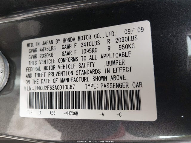 44743743 :رقم المزاد ، JH4CU2F63AC010867 vin ، 2010 Acura Tsx 2.4 مزاد بيع