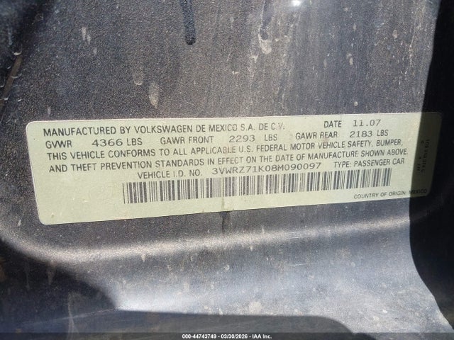 44743749 :رقم المزاد ، 3VWRZ71K08M090097 vin ، 2008 Volkswagen Jetta Se/sel مزاد بيع