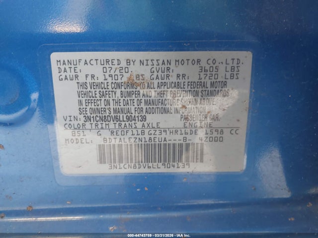 Nissan Versa S Xtronic Cvt 2020 3N1CN8DV6LL904139 Image 9