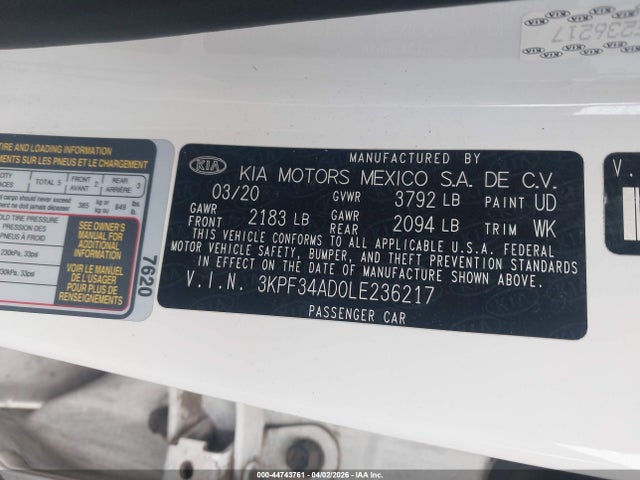 Продаж на аукціоні авто 2020 Kia Forte Gt-line, vin: 3KPF34AD0LE236217, номер лоту: 44743761