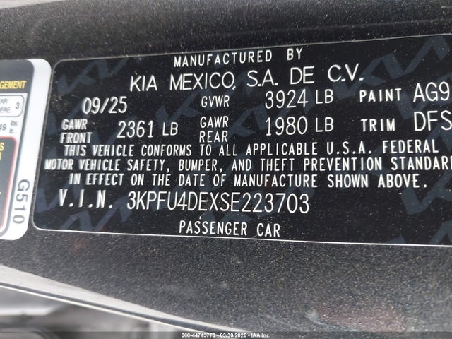 44743773 :رقم المزاد ، 3KPFU4DEXSE223703 vin ، 2025 Kia K4 Ex مزاد بيع
