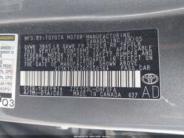 44743775 :رقم المزاد ، 2T1KY32E26C550164 vin ، 2006 Toyota Matrix Xrs مزاد بيع
