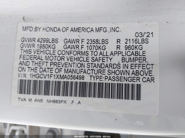 44743782 :رقم المزاد ، 1HGCV1F1XMA056498 vin ، 2021 Honda Accord Lx مزاد بيع