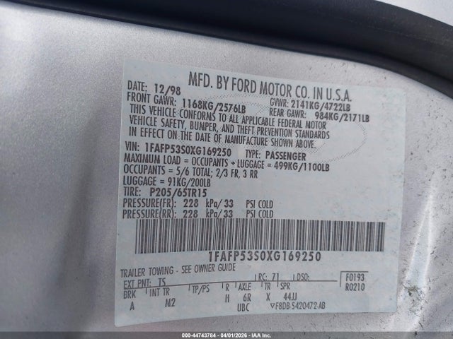 Продаж на аукціоні авто 1999 Ford Taurus Se/se-ne, vin: 1FAFP53S0XG169250, номер лоту: 44743784
