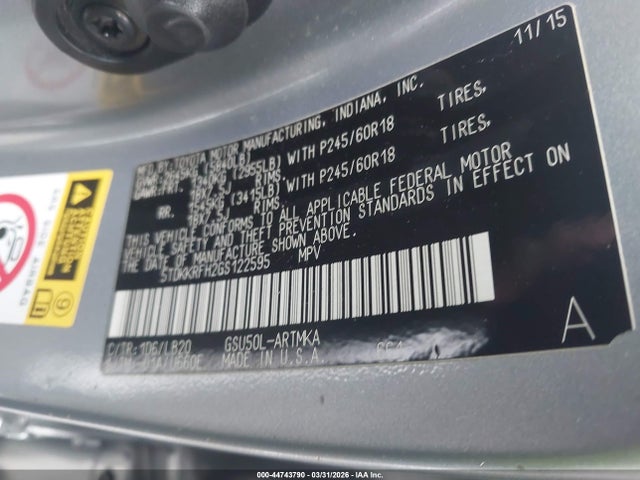 5TDKKRFH2GS122595 Toyota Highlander Xle V6