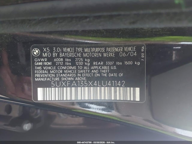 2004 Bmw X5 3.0i მანქანა იყიდება აუქციონზე, vin: 5UXFA135X4LU41142, აუქციონის ნომერი: 44743799