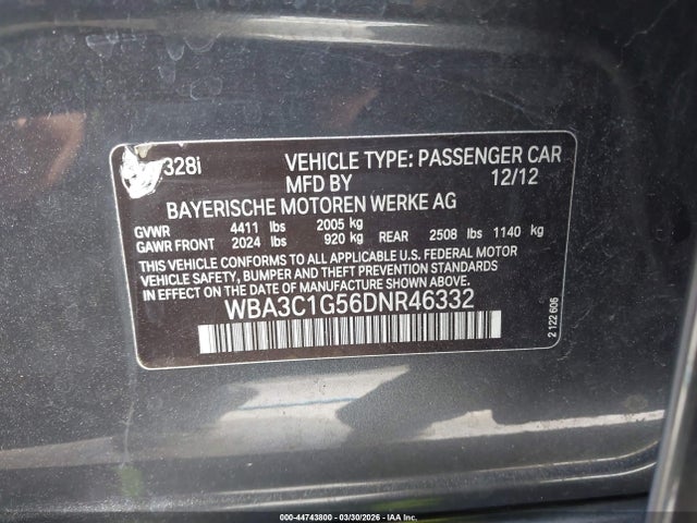 Aukcja sprzedaży 2013 Bmw 328i, vin: WBA3C1G56DNR46332, numer aukcji: 44743800
