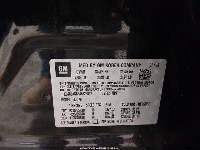 44743802 :رقم المزاد ، KL4CJASB2JB622842 vin ، 2018 Buick Encore Preferred مزاد بيع