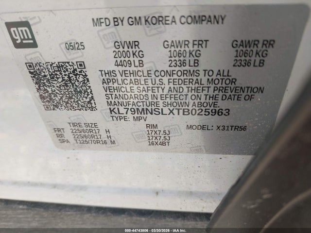 Продажа на аукционе авто 2026 Chevrolet Trailblazer Awd Ls, vin: KL79MNSLXTB025963, номер лота: 44743806