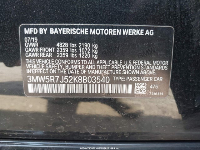 2019 Bmw 330i Xdrive მანქანა იყიდება აუქციონზე, vin: 3MW5R7J52K8B03540, აუქციონის ნომერი: 44743808