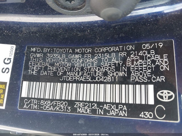 2020 Toyota Corolla Le მანქანა იყიდება აუქციონზე, vin: JTDEPRAE5LJ042811, აუქციონის ნომერი: 44743809