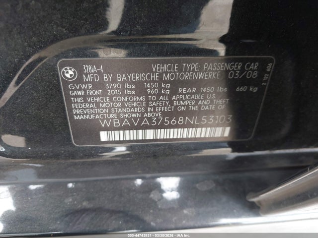 Продажа на аукционе авто 2008 Bmw 328i, vin: WBAVA37568NL53103, номер лота: 44743831