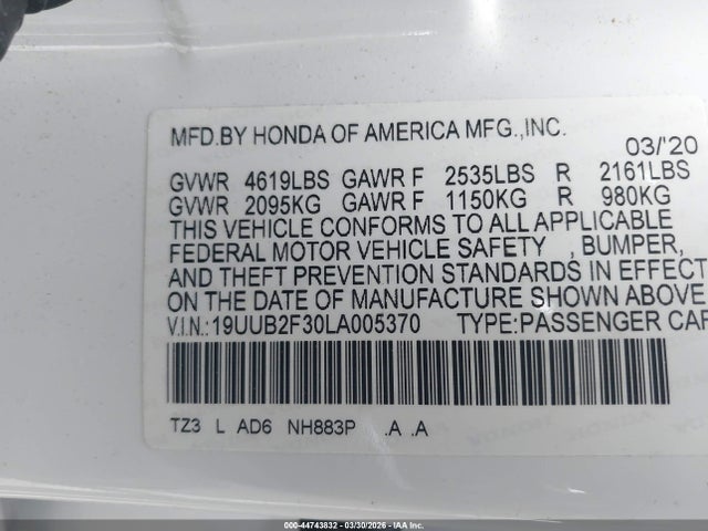 44743832 :رقم المزاد ، 19UUB2F30LA005370 vin ، 2020 Acura Tlx Standard مزاد بيع