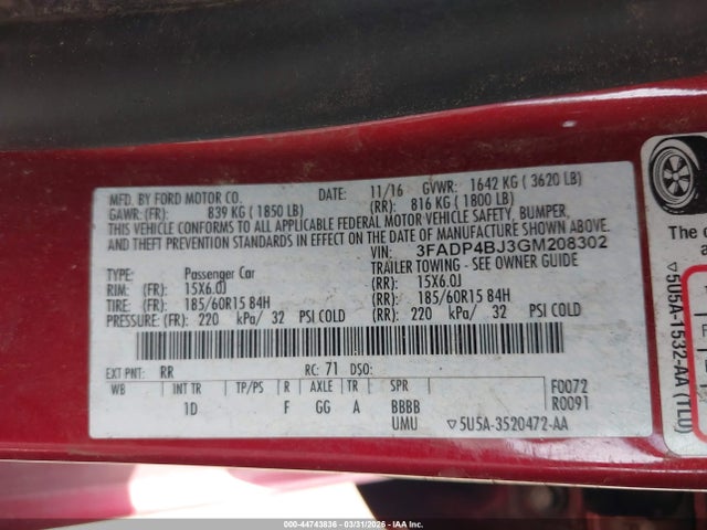 3FADP4BJ3GM208302 Ford FIESTA SE