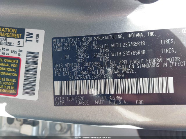 5TDGZRAH7LS505032 Toyota Highlander Xle