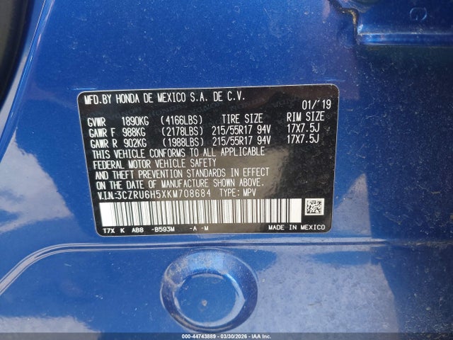 Продажа на аукционе авто 2019 Honda Hr-v Ex, vin: 3CZRU6H5XKM708684, номер лота: 44743889
