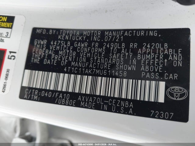 2021 Toyota Camry Le მანქანა იყიდება აუქციონზე, vin: 4T1C11AK7MU611458, აუქციონის ნომერი: 44743890