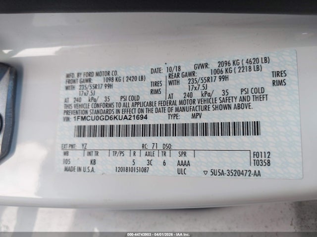 1FMCU0GD6KUA21694 Ford ESCAPE SE