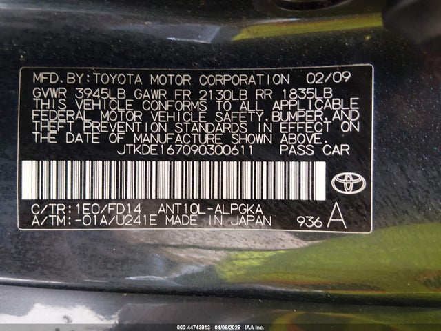 44743913 :رقم المزاد ، JTKDE167090300611 vin ، 2009 Scion Tc مزاد بيع
