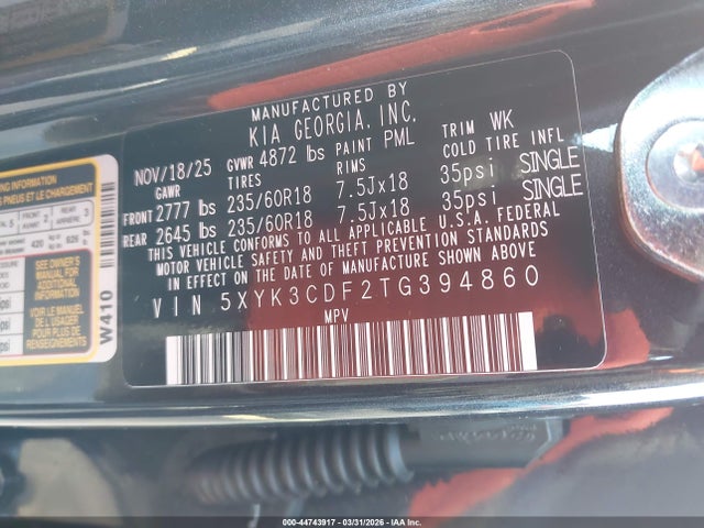 Aukcja sprzedaży 2026 Kia Sportage Ex, vin: 5XYK3CDF2TG394860, numer aukcji: 44743917