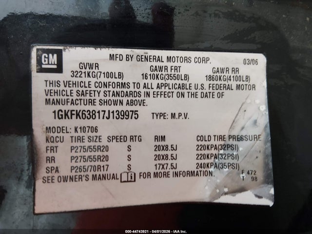 Aukcja sprzedaży 2007 Gmc Yukon Denali, vin: 1GKFK63817J139975, numer aukcji: 44743921