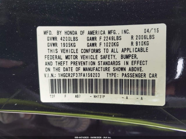 Honda ACCORD LX 2015 1HGCR2F37FA156203 Image 9