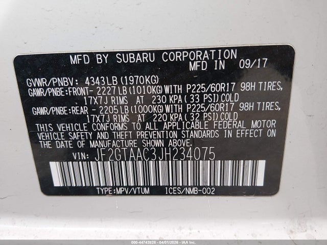 2018 Subaru Crosstrek 2.0i მანქანა იყიდება აუქციონზე, vin: JF2GTAAC3JH234075, აუქციონის ნომერი: 44743928