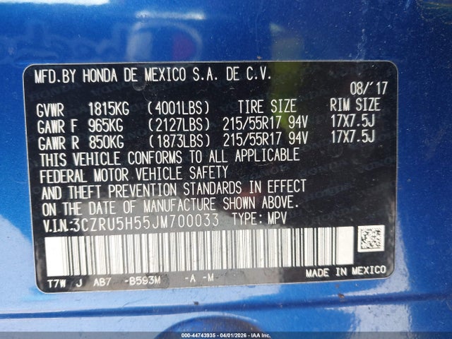 3CZRU5H55JM700033 Honda HR-V EX