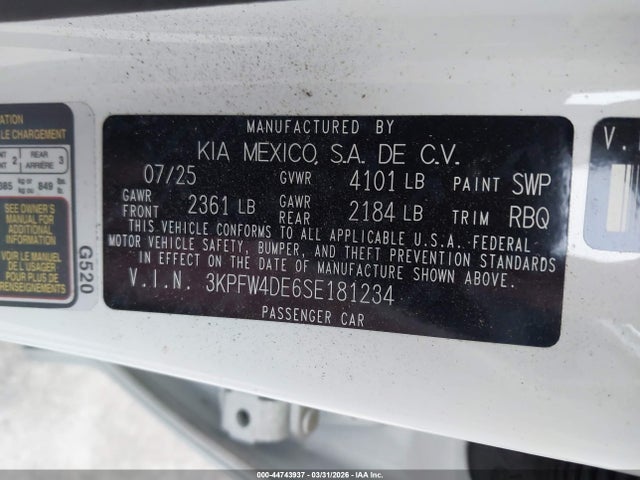 44743937 :رقم المزاد ، 3KPFW4DE6SE181234 vin ، 2025 Kia K4 Gt-line مزاد بيع