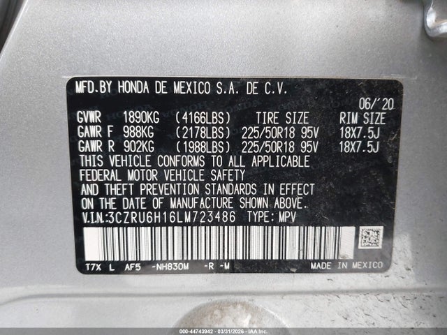 3CZRU6H16LM723486 Honda Hr-v Awd Sport