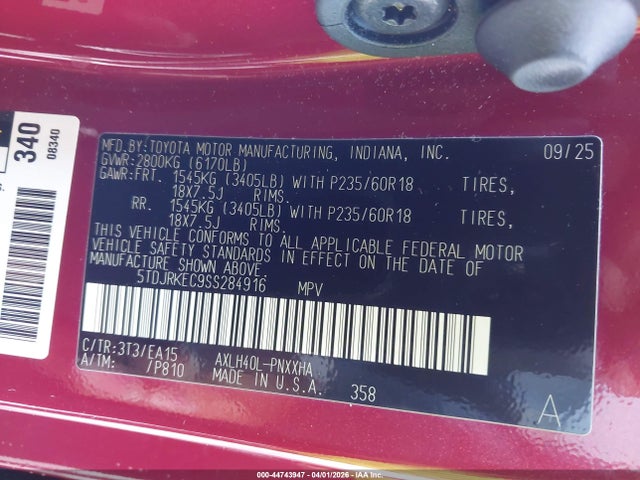 5TDJRKEC9SS284916 Toyota SIENNA XLE