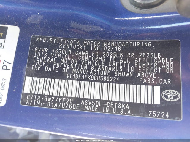 Продажа на аукционе авто 2016 Toyota Camry Se, vin: 4T1BF1FK9GU580224, номер лота: 44743953