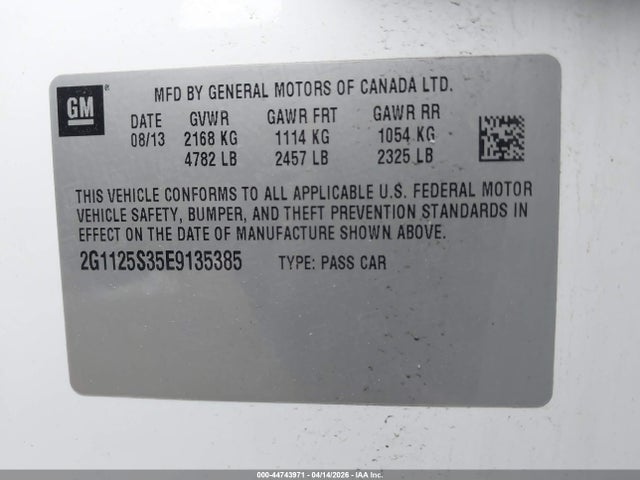 Aukcja sprzedaży 2014 Chevrolet Impala 2lt, vin: 2G1125S35E9135385, numer aukcji: 44743971
