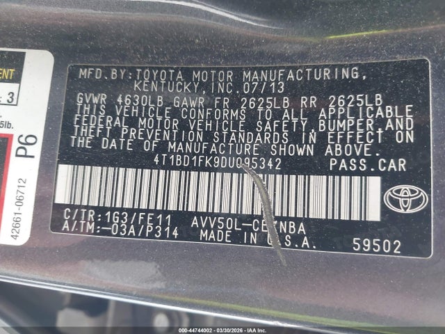 44744002 :رقم المزاد ، 4T1BD1FK9DU095342 vin ، 2013 Toyota Camry Hybrid Le مزاد بيع