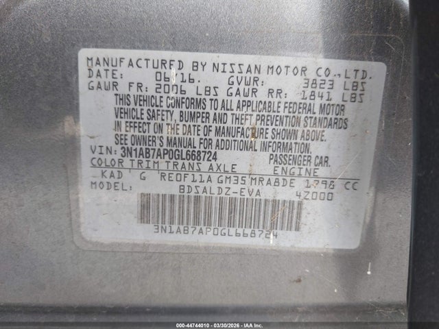 Aukcja sprzedaży 2016 Nissan Sentra Sv, vin: 3N1AB7AP0GL668724, numer aukcji: 44744010