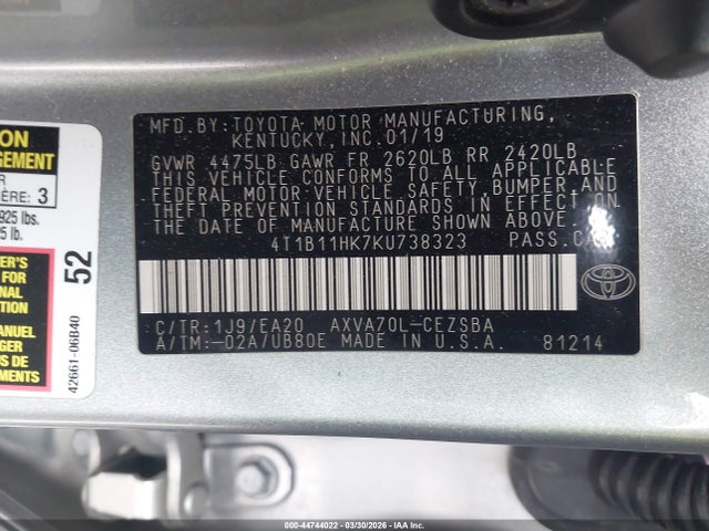 4T1B11HK7KU738323 Toyota CAMRY SE
