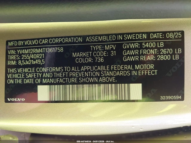 2026 Volvo Xc60 B5 Ultra მანქანა იყიდება აუქციონზე, vin: YV4M12RM4T1361758, აუქციონის ნომერი: 44744034