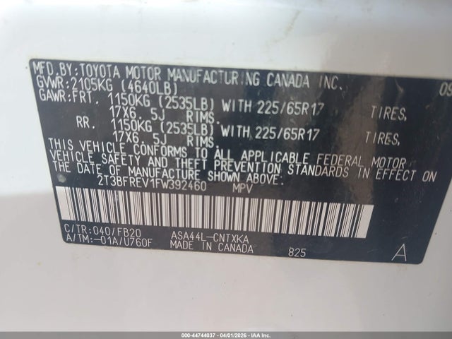 44744037 :رقم المزاد ، 2T3BFREV1FW392460 vin ، 2015 Toyota Rav4 Le مزاد بيع