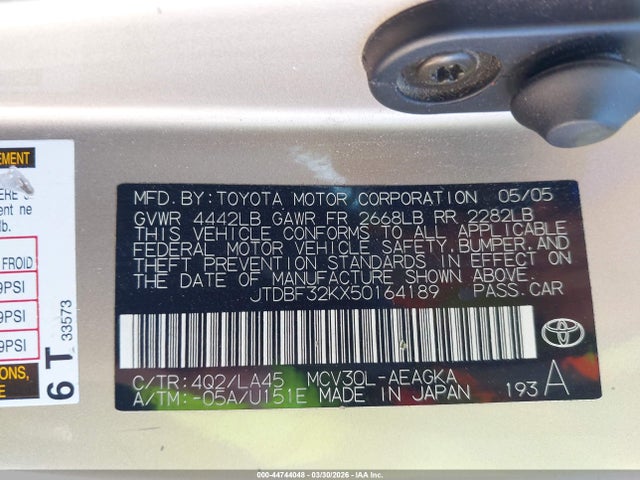 44744048 :رقم المزاد ، JTDBF32KX50164189 vin ، 2005 Toyota Camry Xle V6 مزاد بيع