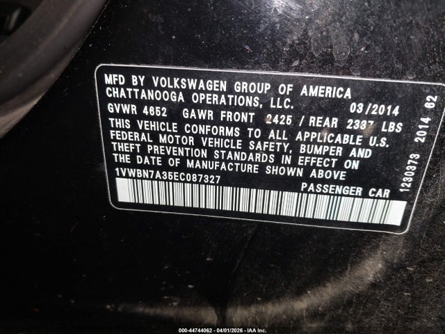 Продажа на аукционе авто 2014 Volkswagen Passat 2.0l Tdi Se, vin: 1VWBN7A35EC087327, номер лота: 44744062