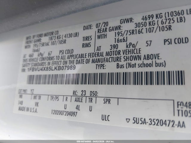 44744065 :رقم المزاد ، 1FBVU4X85LKB07989 vin ، 2020 Ford Transit-350 Passenger Van Xl مزاد بيع