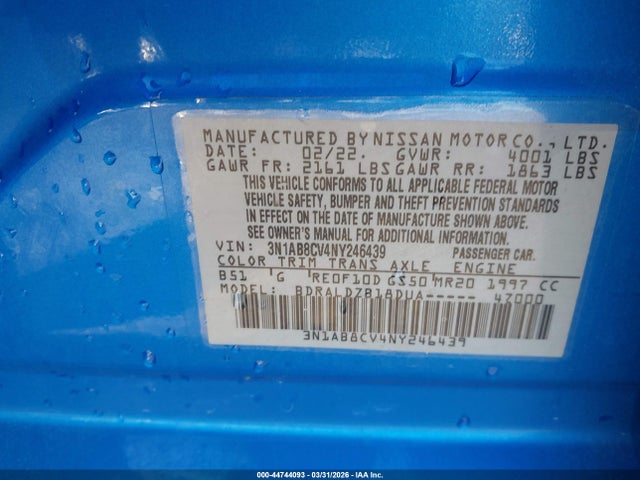 Продаж на аукціоні авто 2022 Nissan Sentra Sv Xtronic Cvt, vin: 3N1AB8CV4NY246439, номер лоту: 44744093