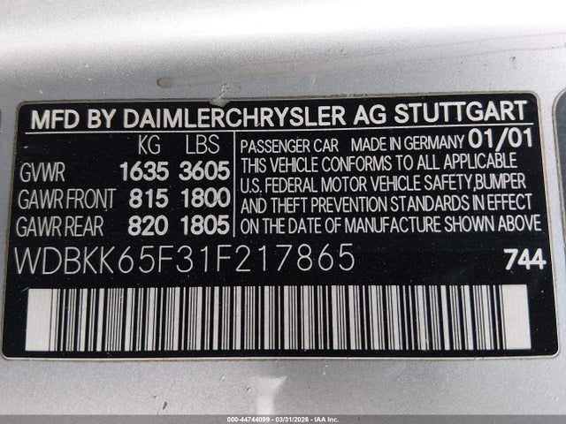 Продажа на аукционе авто 2001 Mercedes-benz Slk 320, vin: WDBKK65F31F217865, номер лота: 44744099
