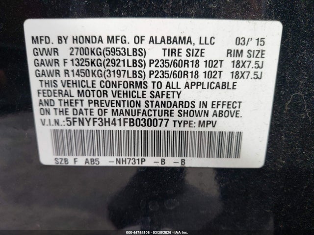 Honda Pilot Ex 2015 5FNYF3H41FB030077 Image 9