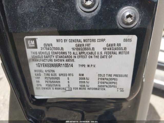 2006 CADILLAC ESCALADE 1GYEK63N86R110514 Photo 8